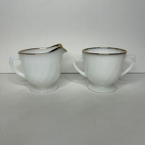 Vintage Fire King Creamer & Sugar Bowl White Swirl Gold Rim Oven Ware Milk Glass